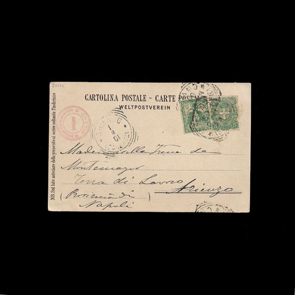 Valori gemelli da 5 centesimi (n.67+70) in affrancatura mista due Re (Umberto e V.E.III) su cartolina illustrata viaggiata da Milano ad Arienzo (CE).
