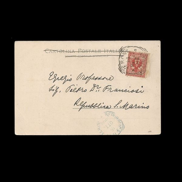 Cartolina illustrata in tariffa stampe affrancata con 2 c. (n.69) isolato per San Marino, con visibile bollo di arrivo. Destinazione non comune.