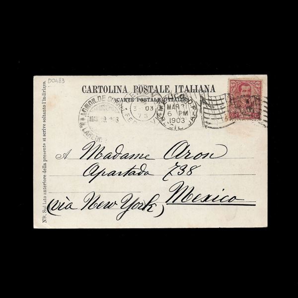 Bella cartolina di Nervi con 10 c. Floreale isolato (n.71) diretta da Genova al Messico, via New York. Bollo di arrivo e doppia targhetta con bandiera. Rara destinazione.