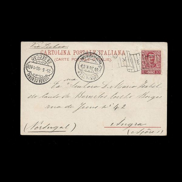 Cartolina illustrata di Napoli con 10 c. Floreale isolato (n.71) diretta alle isole Azzorre, con annullo di transito di Lisbona e arrivo (Angra, 10/6/1903). Destinazione molto rara.