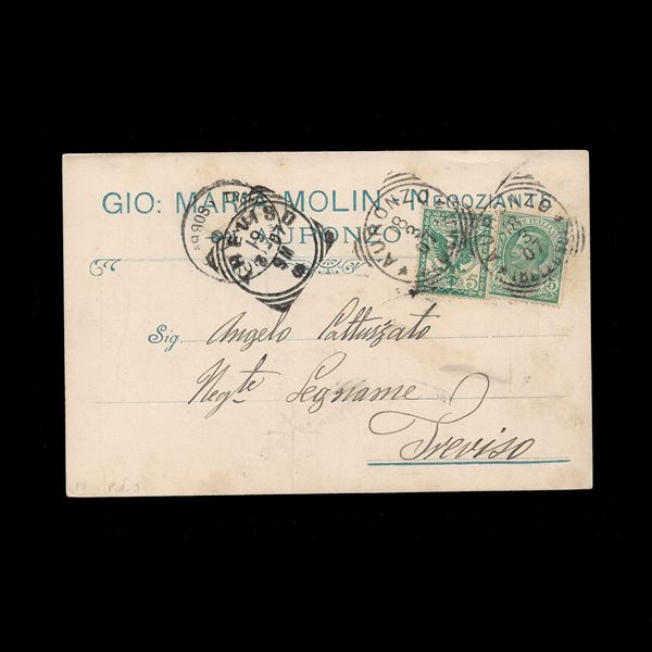 Valori gemelli da 5 centesimi Floreale e Leoni (n.70+81) su cartolina commerciale viaggiata in tariffa da Auronzo (BL) a Treviso. Molto bella.