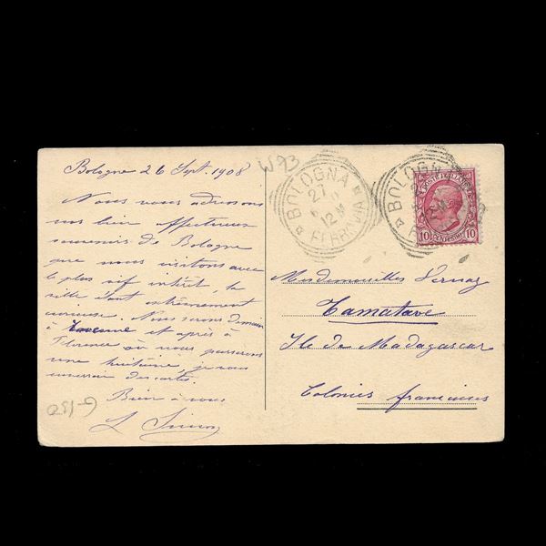 Cartolina illustrata con 10 c. Leoni isolato, viaggiata da Bologna per il Madagascar. Destinazione molto difficile.