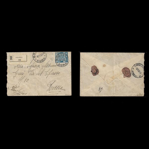 1923. Marcia su Roma, 1 lira (n.144) isolato su raccomandata in tariffa da Bolsena a Roma. Leggera piega centrale. Prime settimane d'uso della serie.