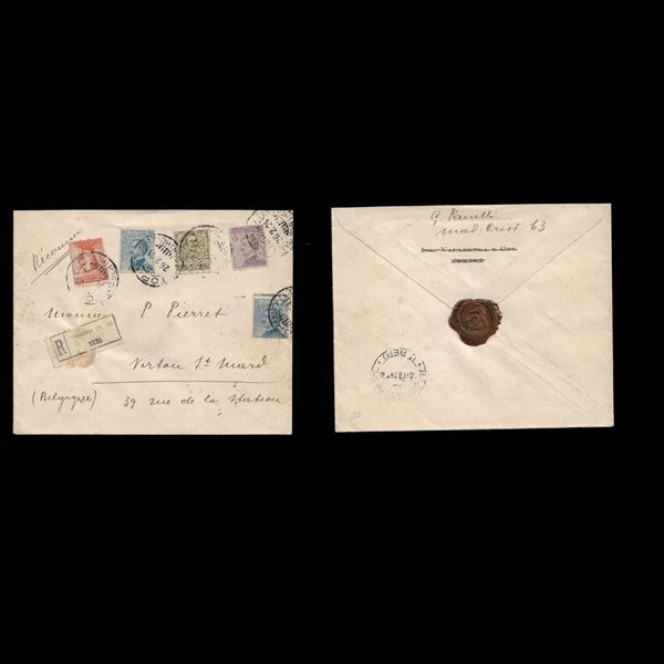 1924. Affrancatura pentacolore mista Floreale e Michetti su raccomandata da Torino (26/2/1924) al Belgio, in perfetta tariffa 2 lire. Presente il raro 60 c. Michetti azzurro, il 25 c. (n.83) con varietà di spostamento della dentellatura, il 45 c. Floreale (n.75) nel suo penultimo mese d'uso. Combinazione molto rara e non filatelica. Varietà non conteggiata.