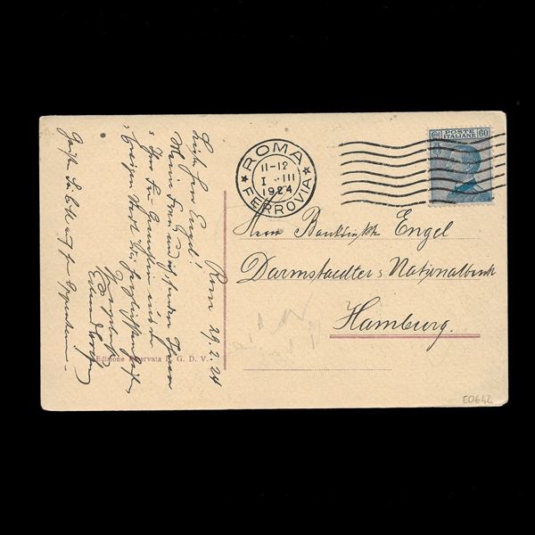 Postcard illustrated with the 60 c. Isolated light blue Michetti with excellent centering. Traveled from Rome to Hamburg on 1/3/1924.