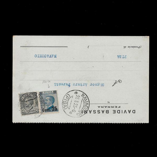 Cartolina pubblicitaria affrancata con il raro Michetti soprastampato 25 cent. del secondo tipo (n.179) in combinazione con il 15 c. Leoni grigio (n.108). Alto valore di catalogo.