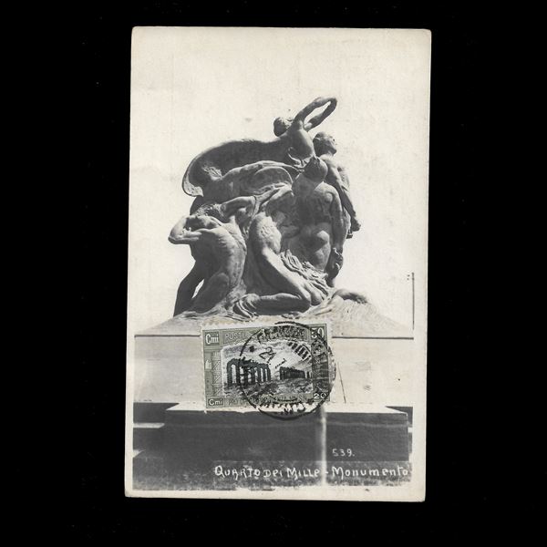 Cartolina con 50 c. isolato Milizia 2a serie (n.221) applicato sulla parte illustrata in eccesso di tariffa, viaggiata da Genova alla Danimarca.  (1928)  - Asta Filatelia e Numismatica - Casa d'aste La Rosa