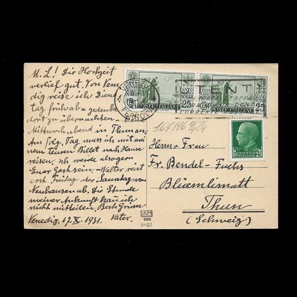 Valori gemelli Imperiale + S.Antonio (n.248+293) su cartolina illustrata in tariffa per estero, viaggiata il 18/10/1931 da Venezia per la Svizzera. Molto bella.