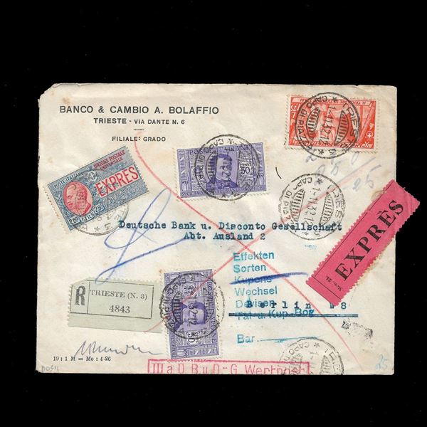 Raccomandata espresso viaggiata da Trieste (1/11/1932) per la Germania, affrancata con 2,50 L. Espresso (n.14), due esemplari del 50 c. Società Dante Alighieri (n.308) e l'1,75 L. Decennale (n.337) nella sua prima settimana d'uso.