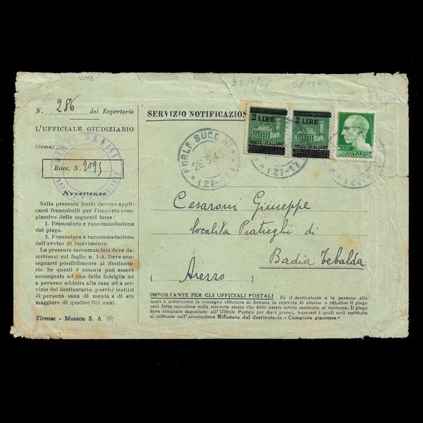 Atti giudiziari viaggiati il 28/3/1946 e affrancati per 24 lire con due esemplari del 2 L. soprastampato su 25 c. Monumenti distrutti e uso tardivo del 20 L. Imperiale (n.259). Alcune pieghe e ingiallimenti.