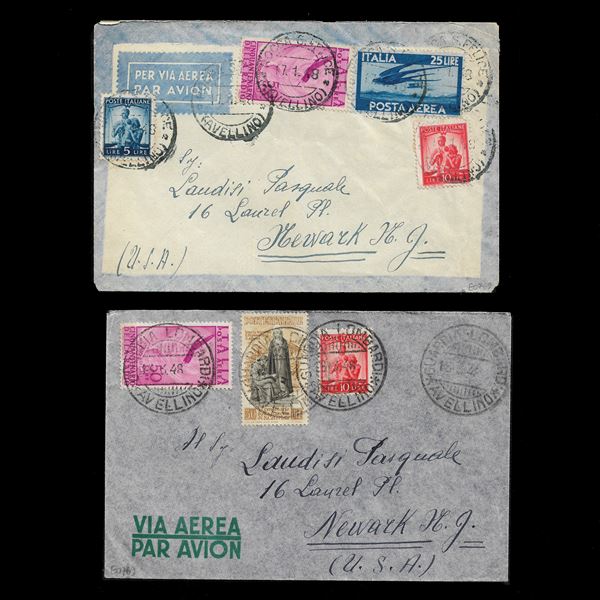 Lot of two sachets sent by airmail from the province of Avellino to Newark, USA. Noticed a 30 lire S. Caterina (n.577).