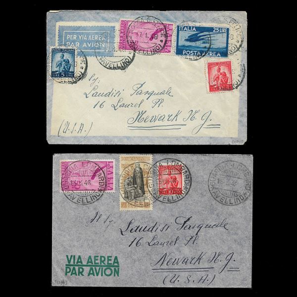 Lotto di due bustine viaggiate in posta aerea dalla provincia di Avellino per Newark, Usa. Notato un 30 lire S. Caterina (n.577).