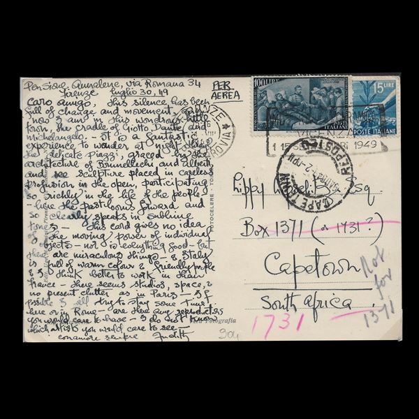 Cartolina illustrata viaggiata da Firenze, 1/8/1949, per Città del Capo (Sudafrica) con 15 L. Democratica e 100 L. Risorgimento (560+591). Il 100 lire è applicato un pò debordante ma ha tutti i dentelli. Destinazione rara.