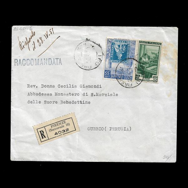 Registered mail sent on 26/4/1951 from Florence to Gubbio (PG), franked with 55 lire Centenary of Tuscany stamps and 10 lire Italia al Lavoro. Slight central crease but nice overall.