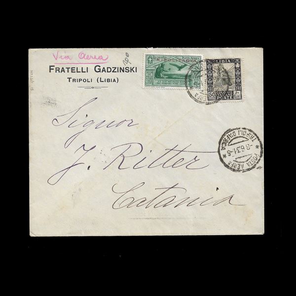 Envelope sent by airmail from Tripoli to Catania on 8/6/1931 and arrived at destination the same day (plate on the reverse). Postage consisting of 50 c. Libia Pictorica (n.28) and by the airmail twin Virgilio di Tripolitania (n.A4).