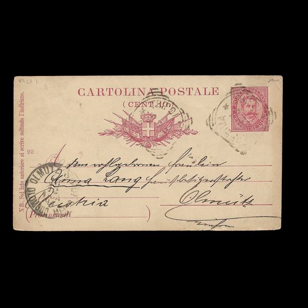 Intero postale n. C17 usato a Tripoli di Barberia (tondo riquadrato) per l'Austria. Non comune.