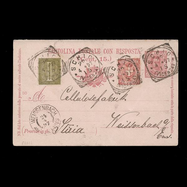 Cartolina postale (n. C24) con risposta ancora unita, viaggiata da Schio (VC) a Weissenbach (Austria, Stiria) il 22/4/1897. Leggera piega diagonale che non interessa l'affrancatura. Integrazione per centesimi 3 effettuata con 1 c. (n.T14) e 2 c. (n.66) "due Re", gli stessi francobolli sono stati applicati sulla risposta (non annullati ma tassati). Le due serie sono state valide contestualmente per appena due anni, la loro compresenza su interi postali è rara.