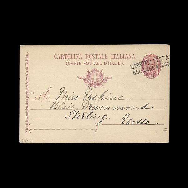 Intero postale n. C25 viaggiato per la Scozia con timbro di partenza lineare "Servizio postale sul Lago Maggiore" unico annullatore. Piccola piega al centro. Annullo e destinazione non comuni.