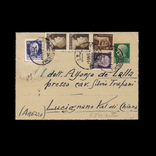 Biglietto postale da 25 centesimi Imperiale (n.B31) sovraffrancato con usi tardivi della serie Imperiale per raggiungere la tariffa di 2 lire. Qualche traccia di umidità. Non comune.