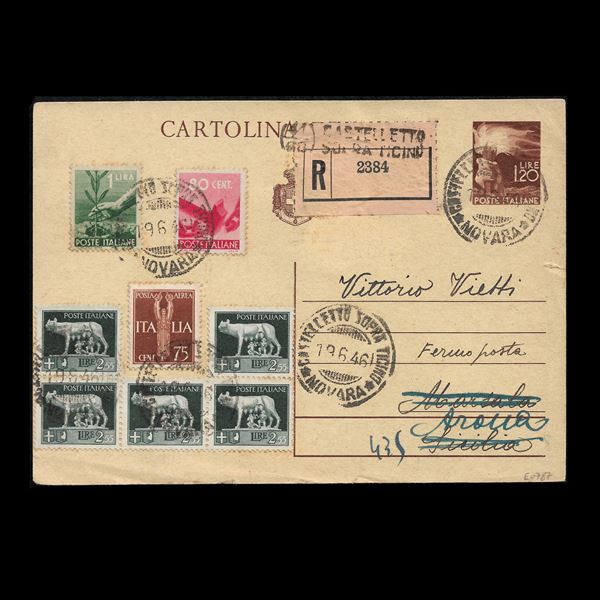 Postcard C127 traveled on 19/6/1946 as registered mail from Castelletto sopra Ticino (NO) to Marsala (TP), then sent back to Arona. Late uses of the 2.55 lire Imperiale (n.256, five copies) and the 75 c. Airmail, in the very short period of validity left in the early days of the Republic. Rare and effective combination.