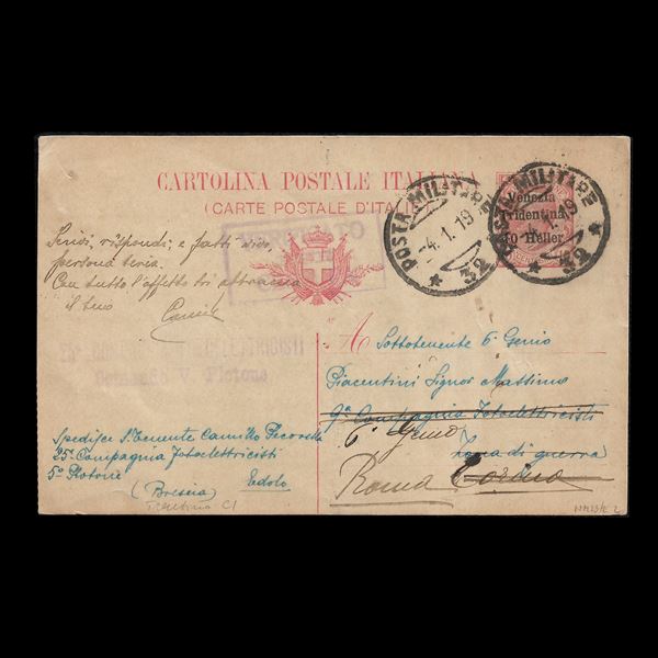 Venezia Tridentina, entire C1 traveled in its first week of use (4/1/1919) from Malé (Military Post n.32) to a second lieutenant of the 9th Photoelectric Company, and then sent back to Turin and Rome. Censorship stamp, text of historical interest ("our marvelous victory").  (1919)  - Auction Philatelic and Numismatic - Casa d'aste La Rosa