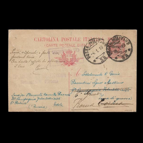 Venezia Tridentina, intero C1 viaggiato nella prima sua settimana d'uso (4/1/1919) da Malé (Posta Militare n.32) a un sottotenente della 9a Compagnia Fotoelettricisti, e poi rispedita a Torino e Roma. Bollo di censura, testo d'interesse storico ("la meravigliosa nostra vittoria").