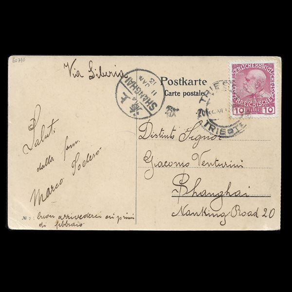 Postcard traveled via Siberia from Trieste to Shanghai, clearly legible arrival postmark. Rare destination.  (1912)  - Auction Philatelic and Numismatic - Casa d'aste La Rosa