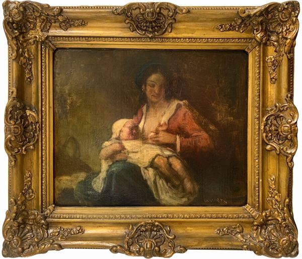 Udvary, olio su cartone pressato   raffigurante maternit&agrave;. Cm 35x44 , in cornice 53x62




