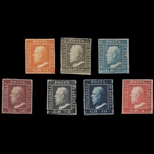 1859 Serie dei sette valori di diverse tavole. Esemplari nuovi ben marginati di diverse tavole con leggera linguella. Certificato Diena