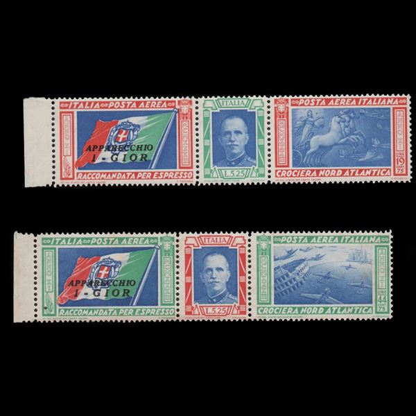 1933 Crociera Nord Atlantica I due trittici sovrastampati I-GIOR Nuovi senza traccia di linguella.