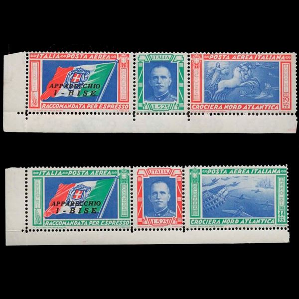 1933 Crociera Nord Atlantica I due trittici sovrastampati I-BISE Nuovi senza traccia di linguella. Angolo di foglio.