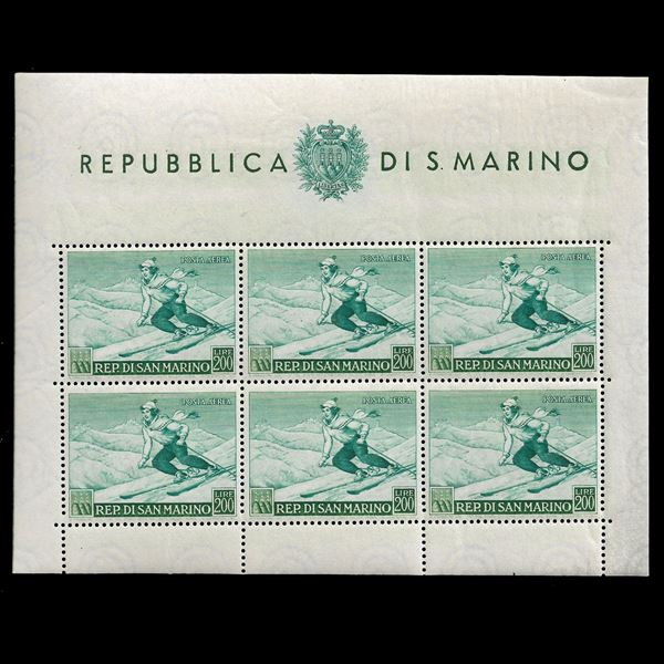 1953, foglietto di posta aerea: "Sciatrice" (Sassone n.15; Unificato BF26) nuovo gomma integra. Cert. Ray