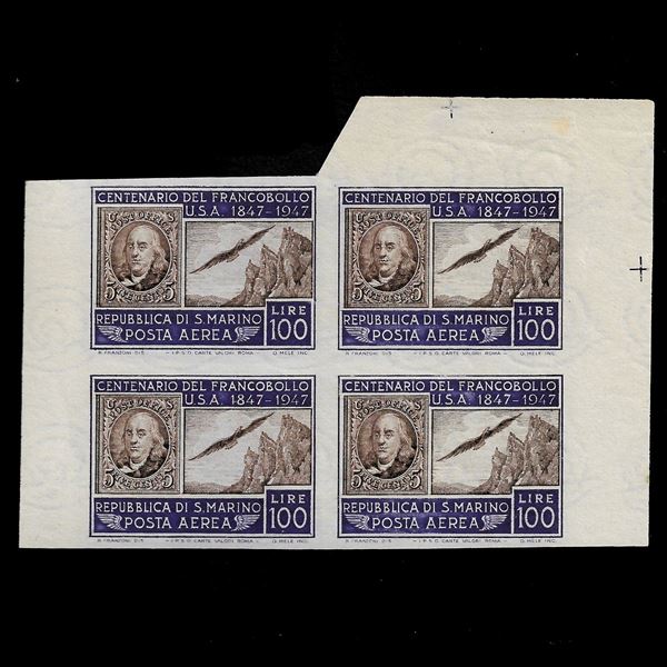 1947, Posta Aerea: 100 l. "Centenaio del francobollo"  quartina angolo di foglio non dentellata (Sassone A75b) nuova con gomma integra. Cert. Ray