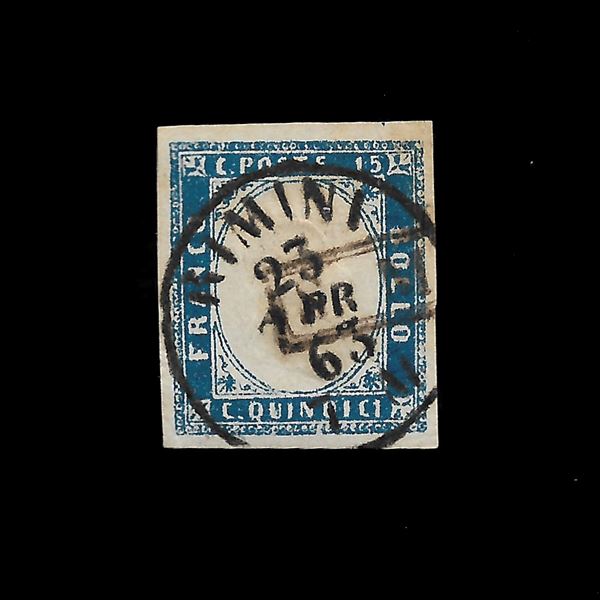 1863. Precursori. Francobollo d'Italia (Sassone 11) annullato con bollo circolare di Rimini e bollo in cartella San Marino, ben marginato, Sassone  A8, annulli nitidi. Cert. Diena.
