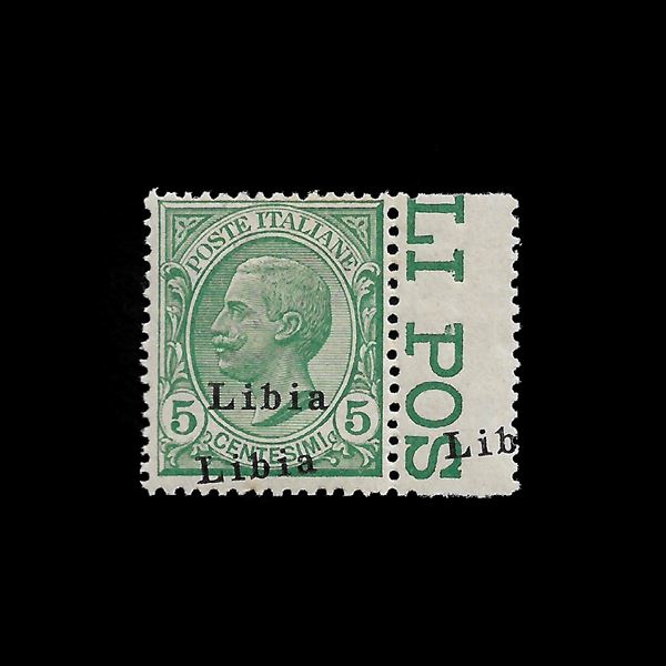 1912/15. c. 5 double overprint of the first type, the second of which is inclined and repeated on the edge of the sheet (Sassone 3fa). MNH