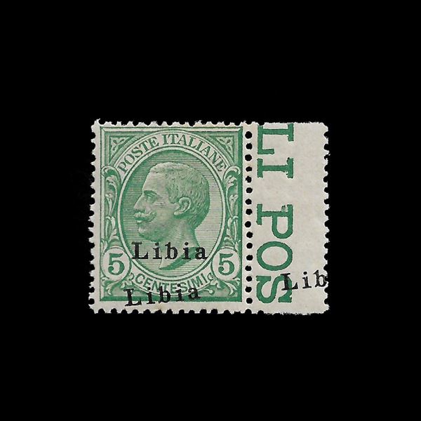 1912/15. c. 5 doppia soprastampa del I° tipo di cui la seconda inclinata e ripetuta sul bordo del foglio (Sassone 3fa). MNH