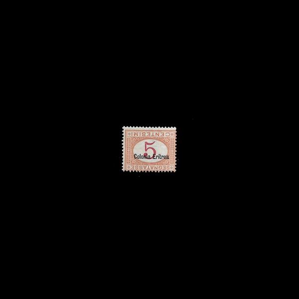 1920/26. 5 c. segnatasse, arancio e carminio, con cifra e soprastampa rovesciati (Sass. N. 14a).MH