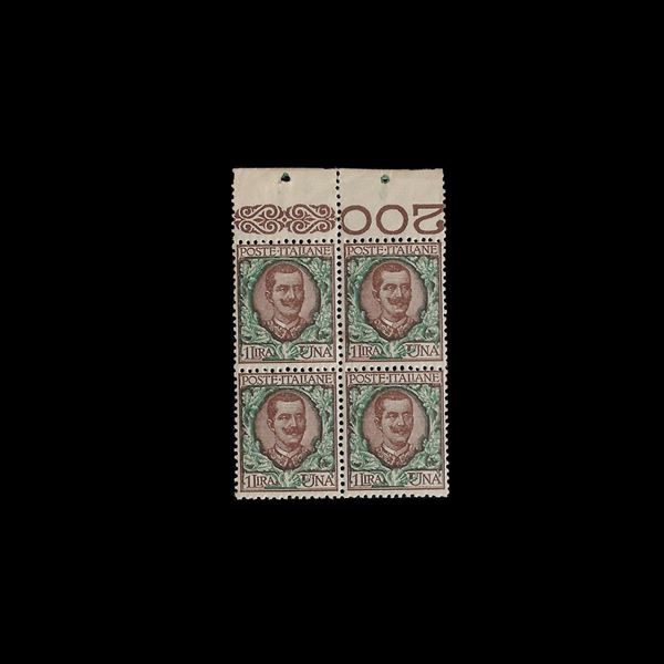 1901. 1 lire "Floreale" (Sass. N. 77). Block of four. Signature on the back on the margin of the sheet.