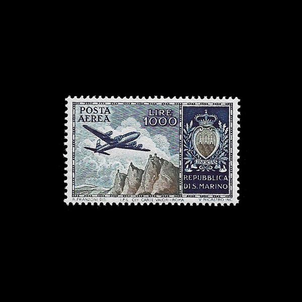 1954. 1,000 lire, Plane, view and coat of arms. (Sassone n. 112)MNH