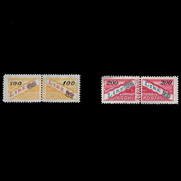 1948/50, pacchi postali filigrana "ruota alata", soprastampati, 100 su 50 lire e 200 su 25 lire, (Sassone nn. 33/34), nuovi con gomma integra. Cert.Enzo Diena