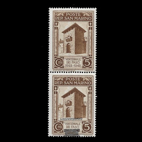 1943, vertical pair 5 c. brown "Twenty Year of the Fasci" with overprint "Provisional Government" of a different type (Sassone n. 266A) of which one without and one with only "Provisional" and bars moved to the bottom. Uncatalogued variety. Ray Gold Cert