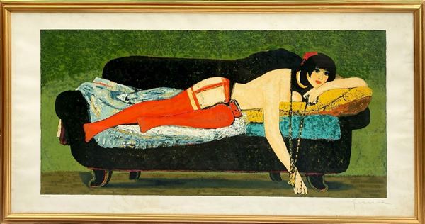 Salvatore Fiume (Comiso 1915 - Milan 1997) lithograph depicting Woman on chaise longue, No XXIV / XXVII. Cm 90 x 169 in frame