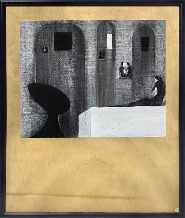 Cesare Peverelli, oil applied on wood depicting Variations sur un theme de Saenredam, Peverelli Cesare (Milan 1922-Paris 2000), 27x3 cm, in frame 50x40, authentication on photograph signed by the artist
