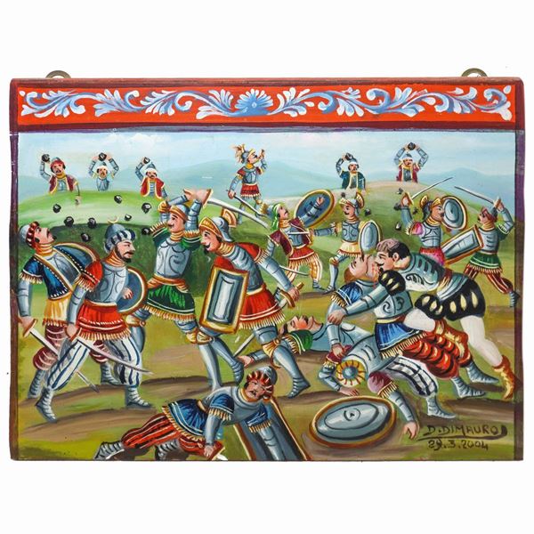  Fighting scene between Paladins and Saracens, signed Domenico Di Mauro, Oil painted tablet 