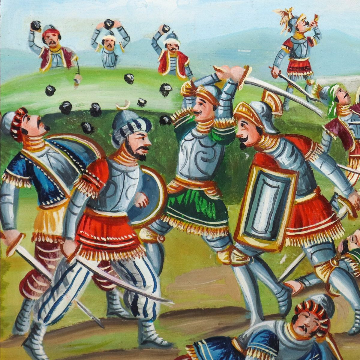 Scena di combattimento tra Paladini e Saraceni, firmata Domenico Di Mauro, Tavoletta dipinta a ol...