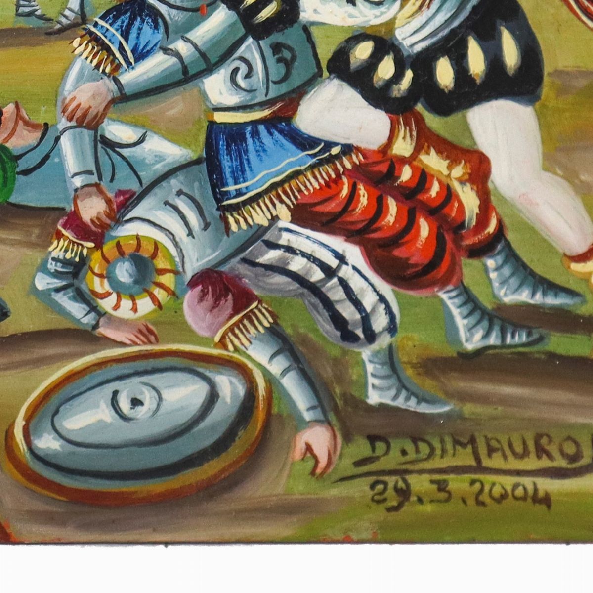 Scena di combattimento tra Paladini e Saraceni, firmata Domenico Di Mauro, Tavoletta dipinta a ol...