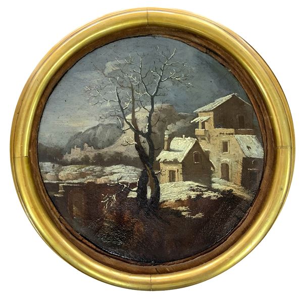 Dipinto ad olio su tela rotonda raffigurante paesaggio con casette innevate, amb. Italiano, seconda metà del XVIII secolo. Diametro 27.