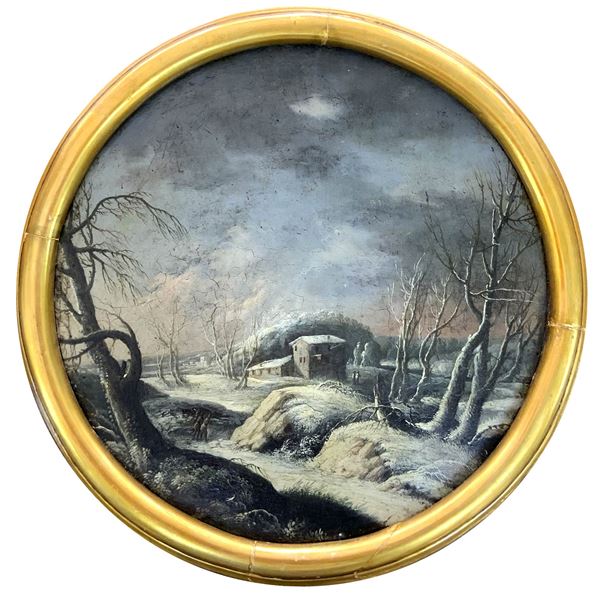 Dipinto ad olio su tela rotonda raffigurante paesaggio innevato, seconda metà del XVIII secolo. Diametro cm 27.
