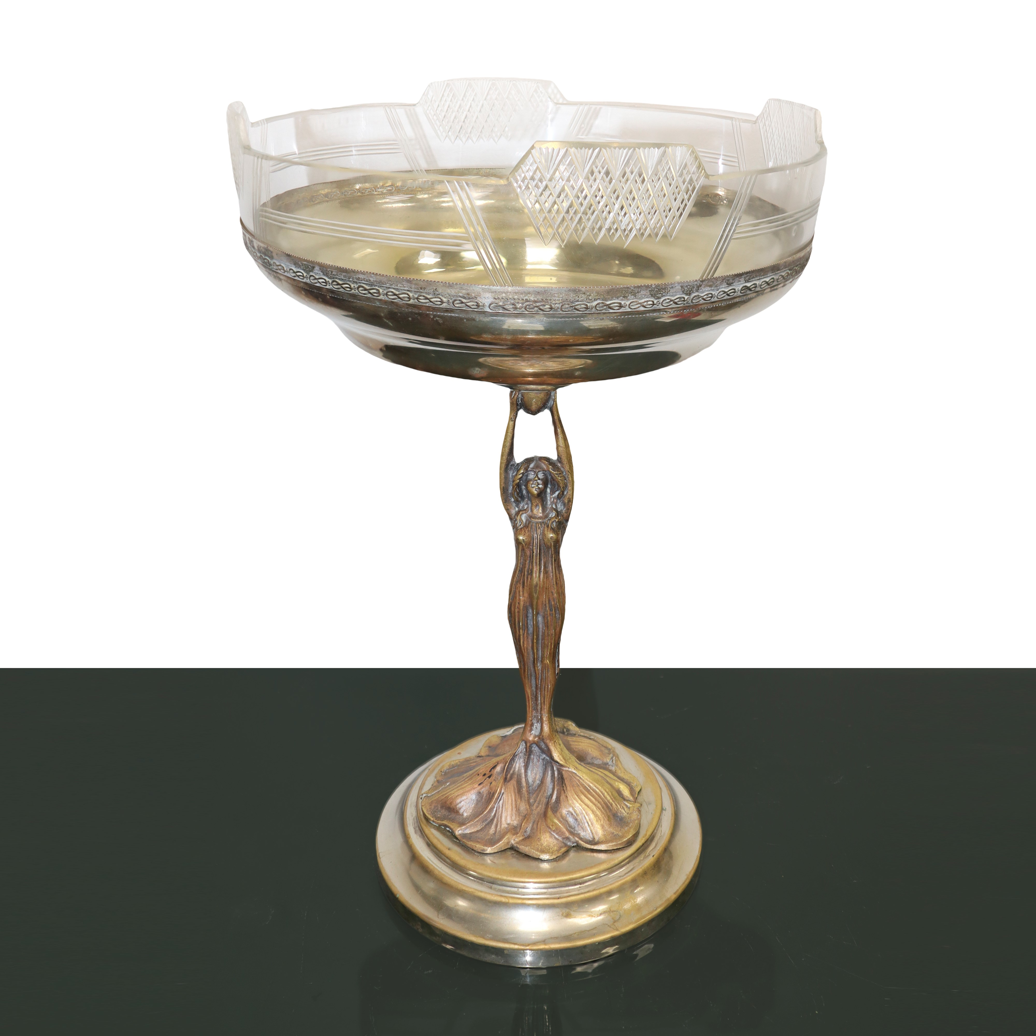 Alzata in Ottone con Scultura di Donna, Liberty