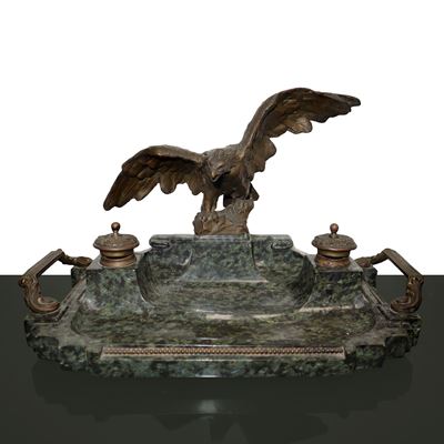 Calamaio in Marmo e Metallo Patinato Bronzo Raffigurante Aquila
